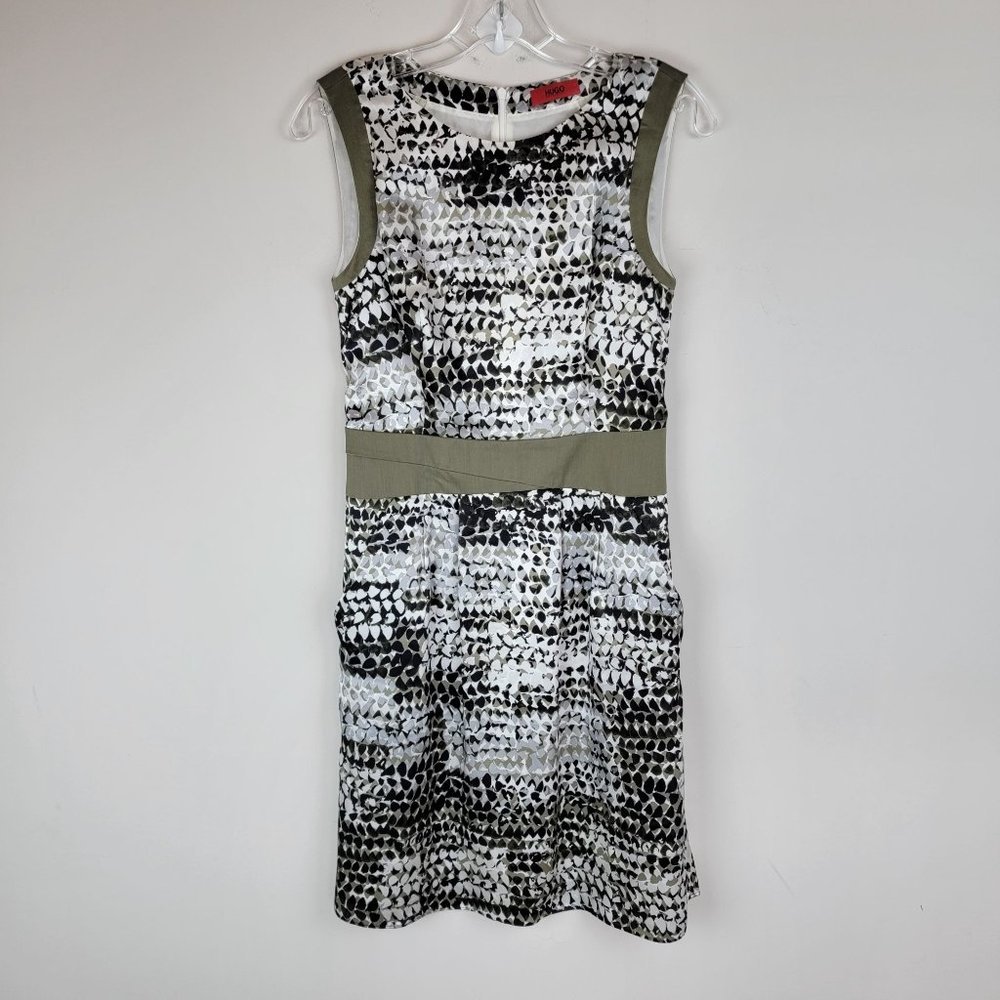Hugo Boss Black White Patterned Mini Dress with Olive Trim